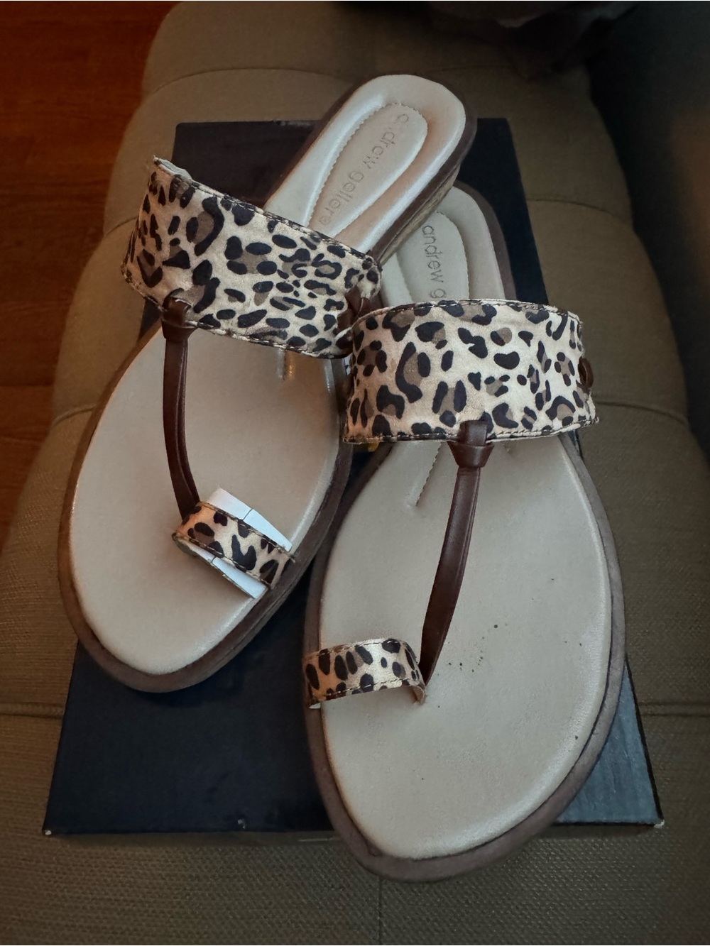 Ambrielle Leopard Print Brown and Cream Thong Sandals